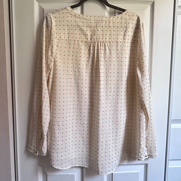 Merona Women's XL Cream w Gray & Orange Polka Dot Long Sleeve Collarless Blouse - Picture 2 of 9